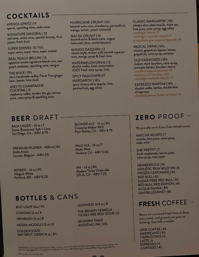 JOEY Manhattan Beach Restaurant Menu – International & Regional Dishes
